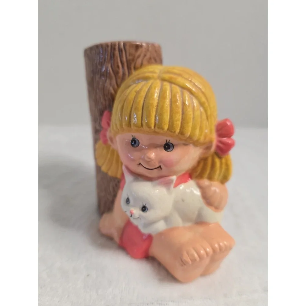 Vintage  Girl with Cat Pencil Holder By   JSNY